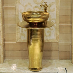 Luxury Golden Color Bathrooms Sink Porcelain Sinks Home Decoration Ceramic Gold Color Standing <strong>Vanity</strong> with <strong>Mirror</strong> - Product Image 2