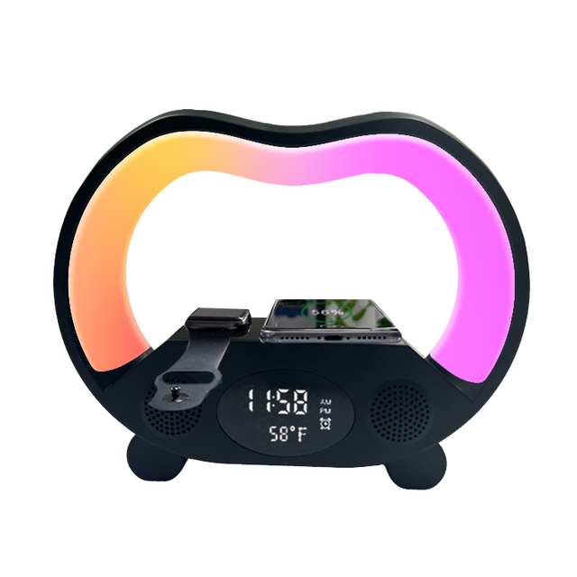 Wireless Charging Speaker Alarm Clock with RGB Night Light, Phone & Watch Charger, Fast Charging Bedside Station for Bedroom