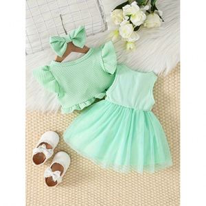 Ensembles de vêtements pour bébés filles gilets à mancherons robes en filet sans manches nœuds papillon ensemble de vêtements d'été 3 pièces pour tout-petits et nourrissons - Product Image 3