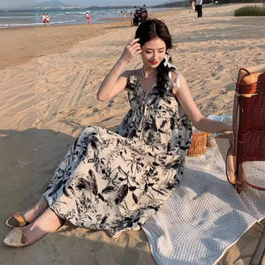 2025 nuovo abito da spiaggia floreale con spalline sottili francesi per <span class=keywords><strong>donna</strong></span> elegante estate capispalla di alta qualità pittura a inchiostro Texture Casual - Product Image 4