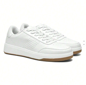 <b>White</b> Genuine Leather <b>Lace</b>-up Court Sneakers Round Toe Rubber Outsole EVA Midsole All Seasons Breathable Style - Product Image 2