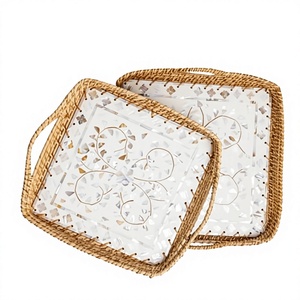 Artisan Crafted Mother of Pearl Inlay Serving Tray <b>Set</b> for Hotels Villas and Luxury Homes rattan Decorative Trays - Product Image 1