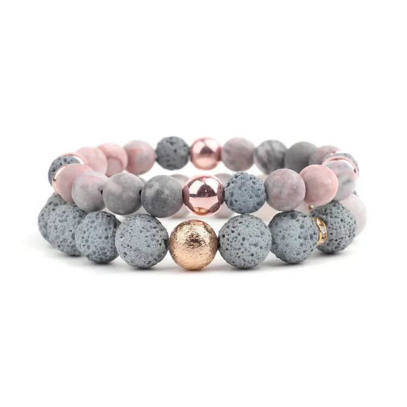 Landy pink gray rosary natural stone beaded bracelets diffuser essential oil yoga lava rock bracelet