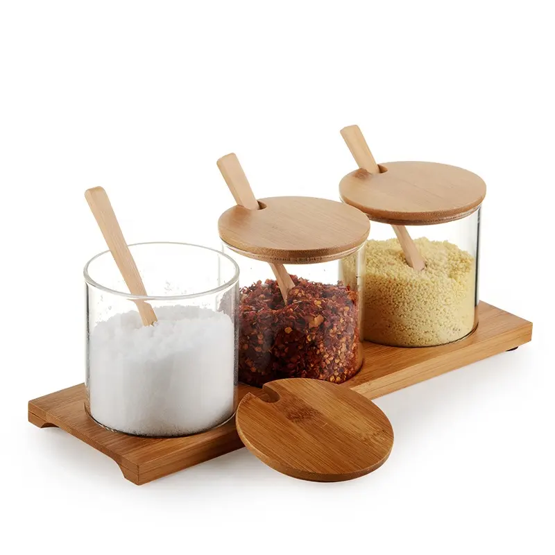 Toples Bumbu Kaca Borosilikat Dapur Kelas Makanan Set dengan Tutup Bambu dan Sendok