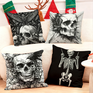 Gothic skull and skeleton throw pillows with festive holiday decor in Christmas stockings and reindeer antlers - Product Image 1