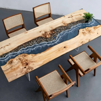 Table à manger en bois de noyer massif fait main avec plateau en résine époxy, base en acrylique transparent, pour la maison, le restaurant ou la villa