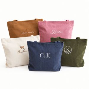 Sac fourre-tout en velours côtelé brodé sur mesure avec fermeture éclair, sac à bandoulière monogramme, sac à main grande capacité pour femmes - Product Image 1