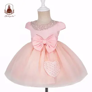 2020 Summer Kids Dress Infant Toddler Pink Heart Pearls Bow Peach Baby Frock Design Girl Princess Dress For 0-2 Years Babies