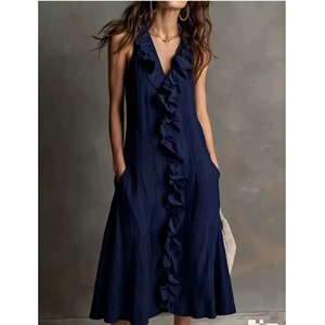 Vestido midi sin mangas con cuello en V para mujer, con volantes verticales, bolsillos laterales delanteros, holgado, fluido, mezcla de lino, informal, para vacaciones - Product Image 3