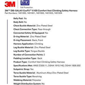 เสื้อกั๊กนิรภัย DBI-Sala ExoFit X100 สำหรับปีนเขา ป้องกันการตก ได้มาตรฐาน OSHA, ANSI พร้อมห่วงรูปตัว D ด้านหน้าและด้านหลัง สายรัดขาแบบลิ้นหัวเข็มขัด - Product Image 3