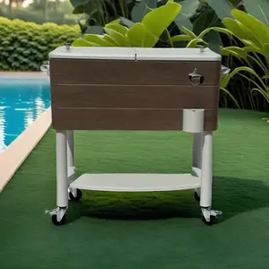 80qt Patio Houtnerf Koeler Kar Met Wielen En Plank Rollende Koeler Drankkar Ijs Bier Koeler Fabricage - Product Image 1