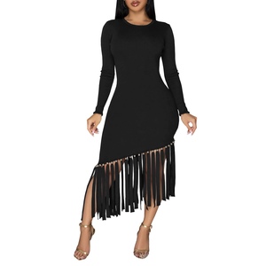 Vestidos de Moda para Mujer, Ajustados, de Color Sólido, Manga Larga, Cuello Redondo, con Flecos en el Bajo - Product Image 2