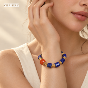 Blue Lapis and Red Agate Mixed Beaded <b>Bracelet</b> with Gold Tone Spacers <b>for</b> <b>Women</b> - Product Image 2