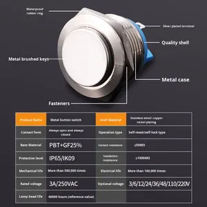 Brass IP65 16mm Nút nhấn cao Đầu phẳng đầu vít thiết bị đầu cuối chân tự đặt lại một nút khởi động tạm thời thường mở - Product Image 5