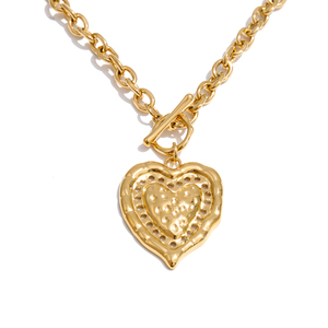 JINYOU 5834 Chunky Stainless Steel Hammered Heart Pendant <strong>Necklace</strong> Vintage <strong>Toggle</strong> Clasp T-Bar Gold Plated Jewelry <strong>Necklace</strong> - Product Image 1