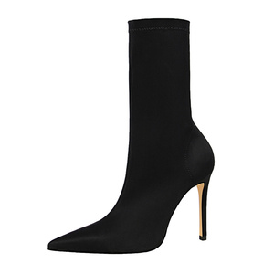 Hot Selling 10CM Sexy Stilettos Heels Pointed Toe Shoes Satin <b>Women's</b> <b>Socks</b> Boots - Product Image 1