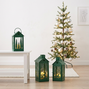 Decoración Navideña 2026, Faroles de Metal con Forma de Casa en Color Verde, con Recortes de Ciervos y Árboles - Product Image 4