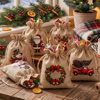 Sacs cadeaux en toile de jute avec cordon de serrage, imprimés de personnages de Noël vintage, sacs réutilisables pour bonbons et friandises, pour les cadeaux de Noël