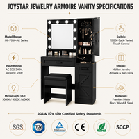 Table de maquillage Joystar noire avec miroir et tabouret, éclairage LED CCT à intensité variable, armoire de rangement latérale, ensemble coiffeuse