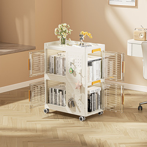 <b>Plastic</b> <b>Storage</b> <b>Drawer</b> Cart Creamy White Rectangle Standing Type Office Organizer With Wheels And Transparent Doors For Books - Product Image 2