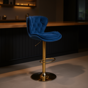 Blue Velvet Bar <b>Stool</b> <b>Adjustable</b> Height Chrome Base Modern Design Commercial Furniture - Product Image 2