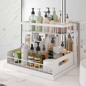 Organisateur métallique à 2 niveaux <span class=keywords><strong>sous</strong></span> évier avec tiroirs coulissants pour armoires de cuisine et de salle de bain, <span class=keywords><strong>rangement</strong></span> alimentaire, crochets de penderie - Product Image 5