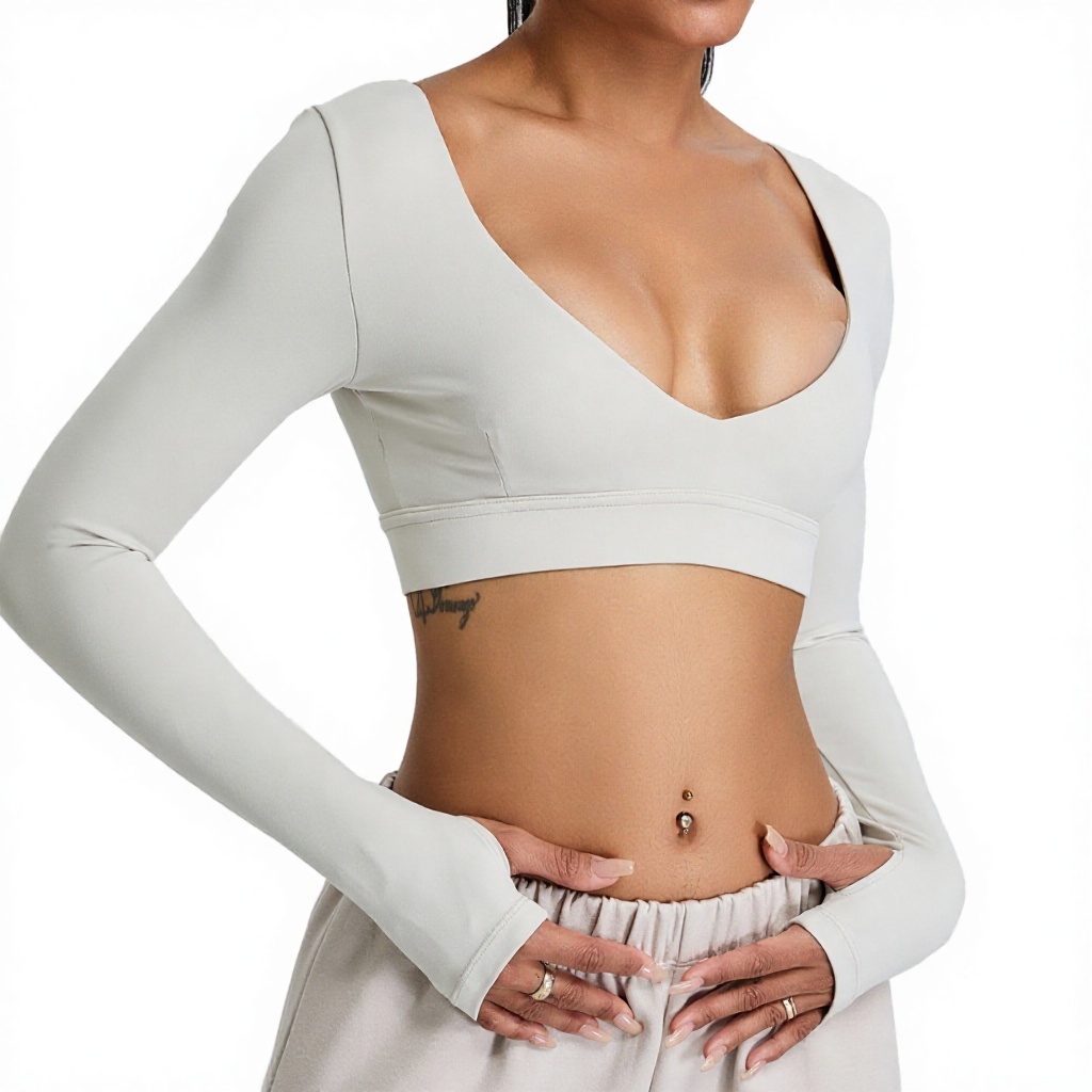 Women's Custom Logo Quick Dry Yoga Top S-XL 75% Nylon 25% Spandex V-Neck Long Sleeve Padded Crop Top