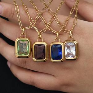 Acier inoxydable Carré Rock Sucre Coloré Zircon Pendentif Trombone Chaîne Collier Ins Haute Louange Couleur Protection - Product Image 1