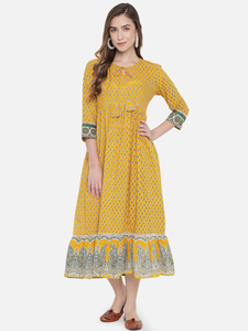 Vestido Maxi de Algodón Boho Amarillo con Estampado a Mano y Bordado, con Dobladillo Acampanado, Manga Tres Cuartos, Corte Holgado, Vestido Casual de Verano - Product Image 4