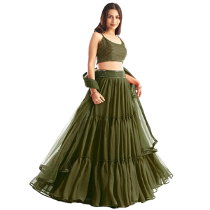 Lehenga Choli en Georgette vert à paillettes captivantes, tenue de soirée avec motif Mehndi complexe, Zeel Clothing, semi-cousu - Product Image 1