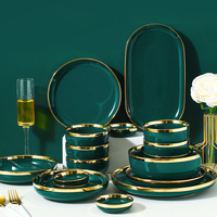 Service de vaisselle en céramique, ensemble de vaisselle, assiettes de luxe vertes, bol à salade, bol à soupe, assiette et bol pour restaurant, hôtel