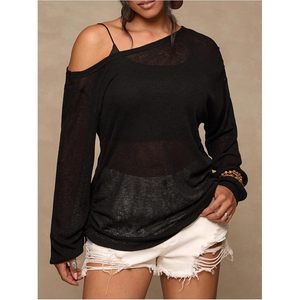 Top de punto transparente de talla grande para mujer, con hombros descubiertos, manga larga, cuello asimétrico, ajuste holgado, para cubrir trajes de baño o como prenda exterior. - Product Image 4