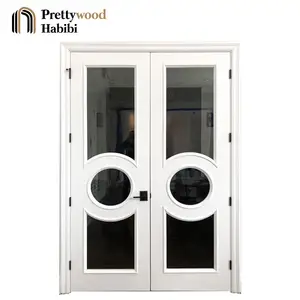 Prettywood 화이트 페인팅 유리 삽입 단단한 더블 잎 인테리어 문