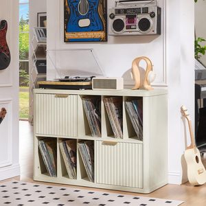 <span class=keywords><strong>Meuble</strong></span> multimédia stéréo moderne et large avec rangement en bois rainuré pour vinyles, <span class=keywords><strong>meuble</strong></span> d'appoint fonctionnel pour platine <span class=keywords><strong>vinyle</strong></span>, idéal pour les salons confortables - Product Image 3