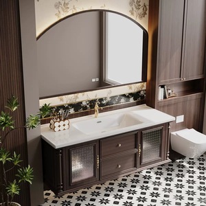 Mobile Bagno in Legno Massello Cinese, Finitura Laccata Moderna Color <span class=keywords><strong>Castagno</strong></span>, Lavabo in Ceramica a Parete, Specchio Smart per Casa - Product Image 3