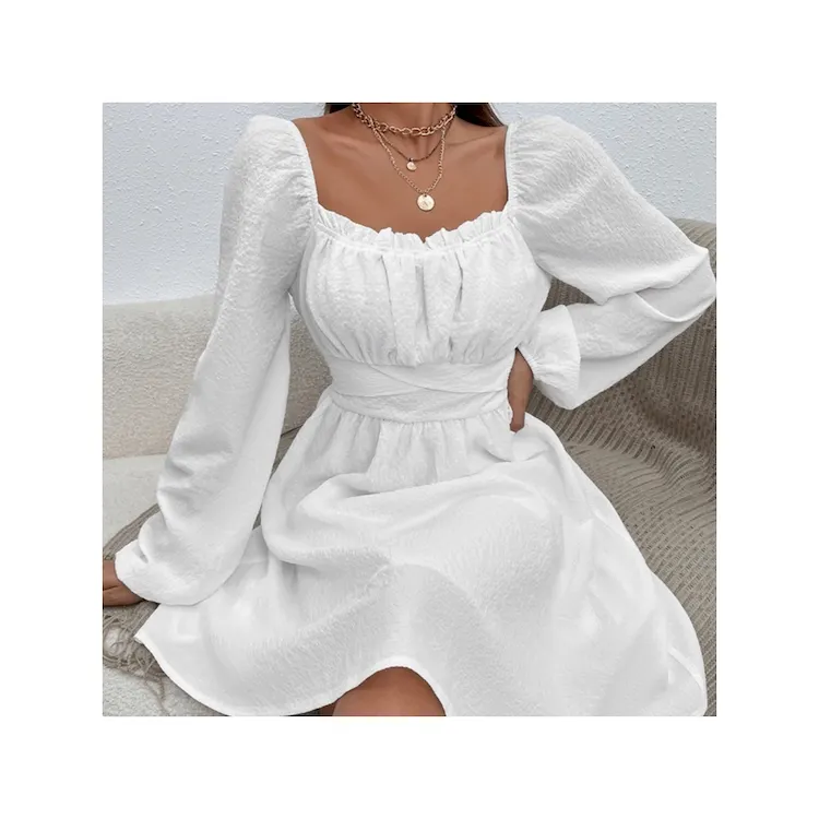 2022 Hot Sale Autumn New Elegant Fashion Dress Square Neck Long Sleeve Waist A-line Dress Suitable For All Kinds Of Parties