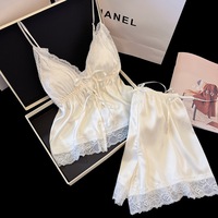 Pyjama d'été fin pour femme avec coussinets de poitrine, style élégant et délicat, caraco à lacets sur le devant et short, respirant, pour la maison