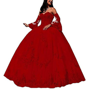 Vestido de Noche de Quinceañera de Manga Larga con Apliques de Encaje, Estilo Trompeta, Largo hasta el Suelo, con Cola Barrida, de Gran Venta - Product Image 1