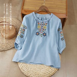 Embroidered Mid Sleeve Cotton Linen Top Women's Loose Round Neck Pullover Floral Print Everyday Wear Pink - Product Image 2