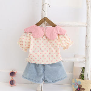 Conjunto de Ropa Infantil Coreana de Algodón con Diseño de Verano, Mangas Abullonadas, Estampado de Puntos y Bordado de Fresas - Product Image 2