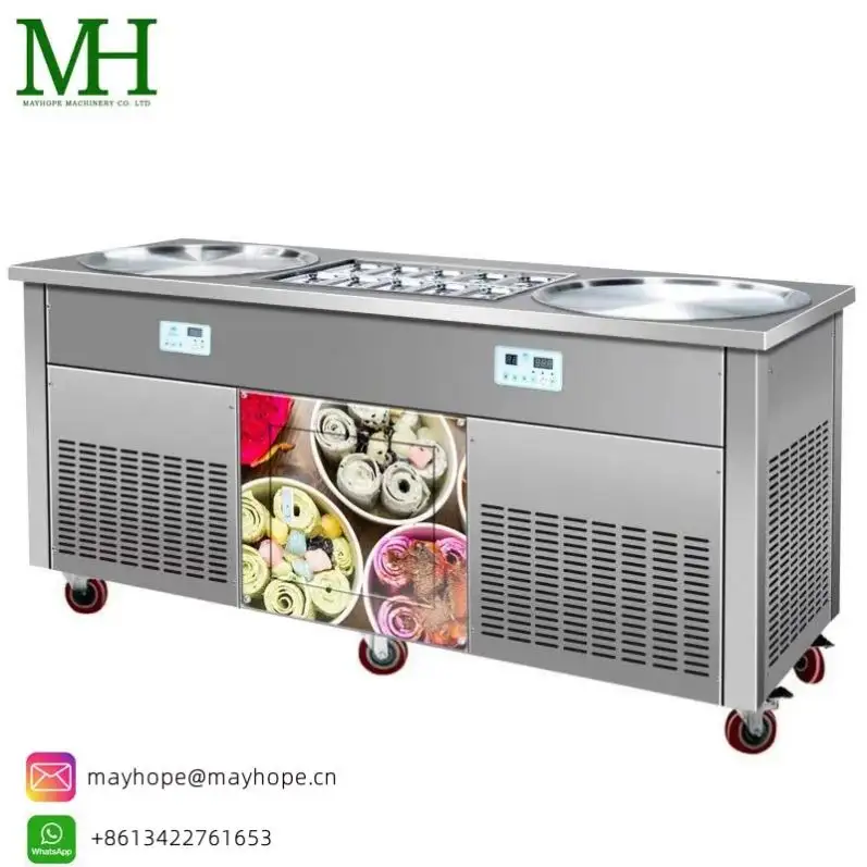 NSF certified ETL Certified Double round pans thailand stir fried ice cream roll machine with 2 stainless steel scrapers