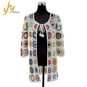 Suéter cárdigan largo hecho a mano patrón cuadrado flor estilo bohemio
