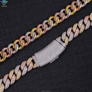 Chaîne cubaine en argent sterling 925 plaqué or 18 carats avec moissanite VVS, 2 rangs, 13 mm, 3 tons de couleur, collier cubain élégant - Product Image 5
