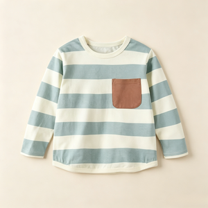 T-<span class=keywords><strong>shirt</strong></span> à manches longues en coton rayé pour enfant garçon, col rond, avec poche avant, décontracté, à porter au quotidien, printemps et automne - Product Image 2