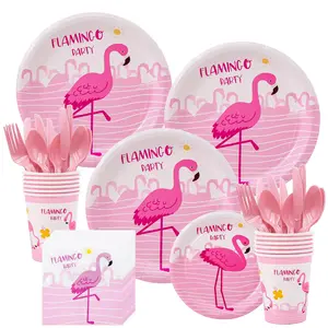 Conjunto de talheres para festa de aniversário, flamingo de alta qualidade, prato de papel de qualidade alimentar, copo de papel de tecido, 16 convidados, suprimentos para aniversário