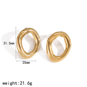 Ensemble collier et boucles d'oreilles en acier inoxydable pour femme, pendentif géométrique circulaire elliptique plaqué or 18 carats, bijoux minimalistes tendance - Product Image 5
