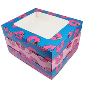 Boîte en carton ondulé rose personnalisée avec logo, imprimée quadricolore, réutilisable, auto-érectible, pliable, avec fenêtre carrée, pour donuts, vente en gros - Product Image 4