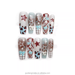 <span class=keywords><strong>Uñas</strong></span> Postizas Retro Americanas Y2K, Diseño <span class=keywords><strong>de</strong></span> Estrellas a Cuadros Azules y Rojos con Estampado <span class=keywords><strong>de</strong></span> Leopardo, <span class=keywords><strong>Uñas</strong></span> <span class=keywords><strong>Largas</strong></span> Tipo Ataúd con Pegamento - Product Image 1