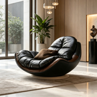 Fauteuil de loisirs en cuir en forme de coquille, bicolore, en cuir véritable, avec coussin, pour villa, hôtel, salon, salle de séjour