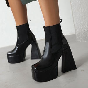 Size 46 for Big Feet Women Short Ankle Boots High <b>Block</b> Heels Platform Mirror Patent Leather Pumps Shoes Square Toe - Product Image 2